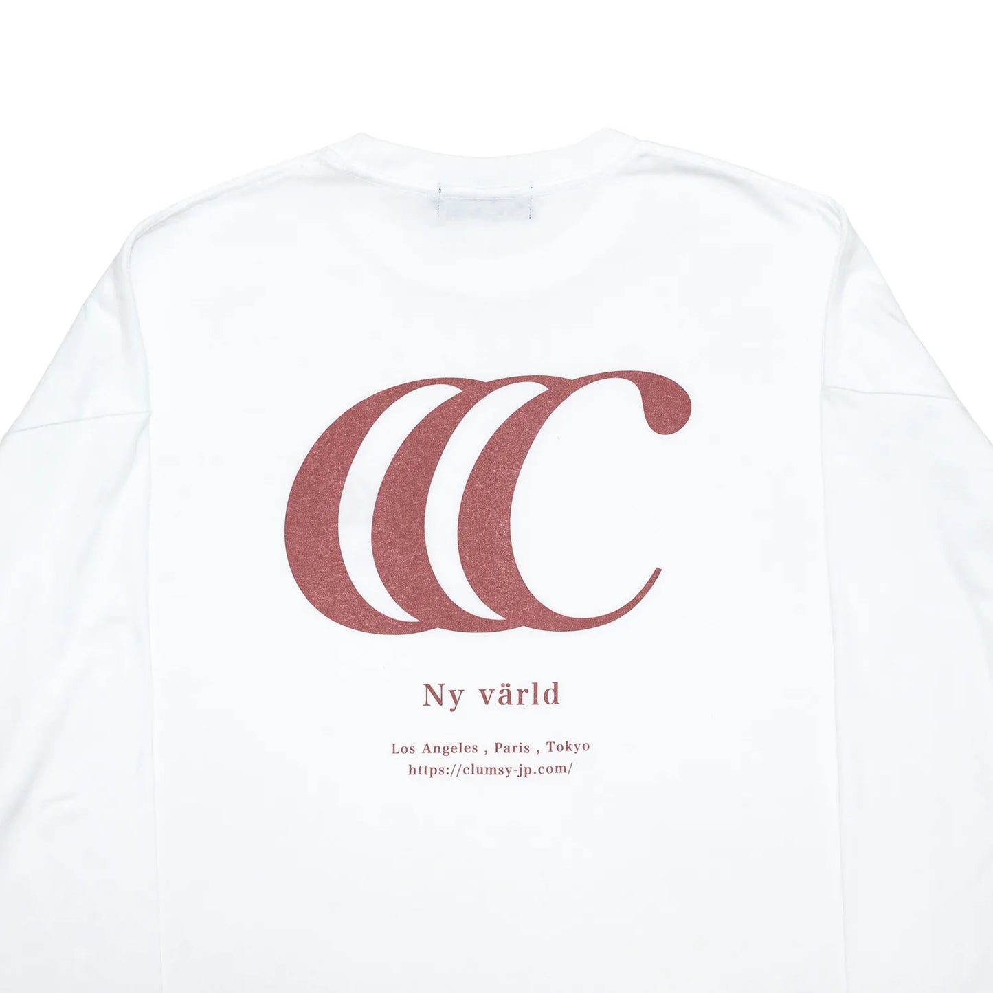 clumsy. Pictures(クラムジー)のCCCロゴが背面に大きくプリントされた定番アイテム「LIMITED CCC」ロングスリーブのWHITE/ROUGEカラーの背面デザインの写真