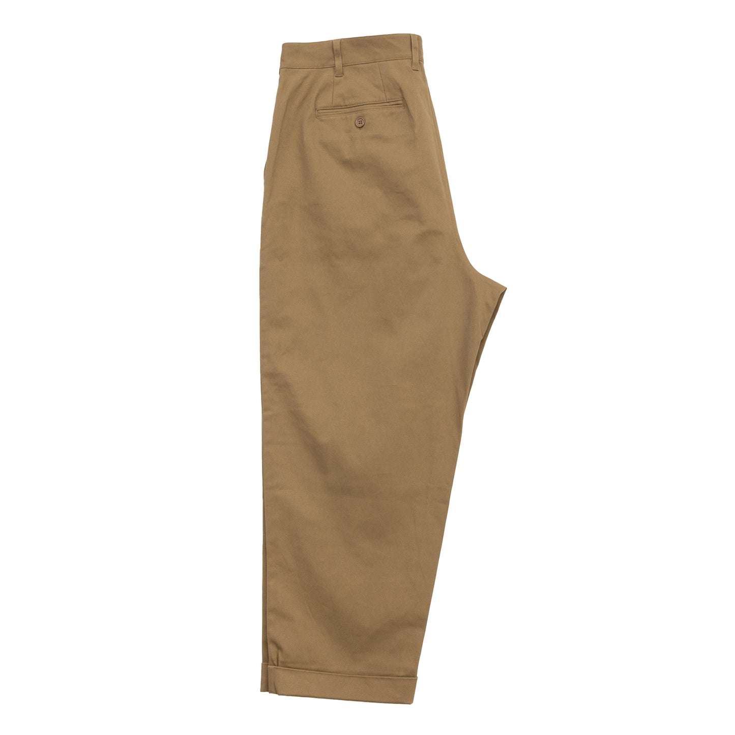 CLUMSY PICTURES(クラムジー)の名作パンツ「2 PLEATS RELAXED TWILL PANTS」の2025AWの新色「BROWNカラー」の側面からの商品写真