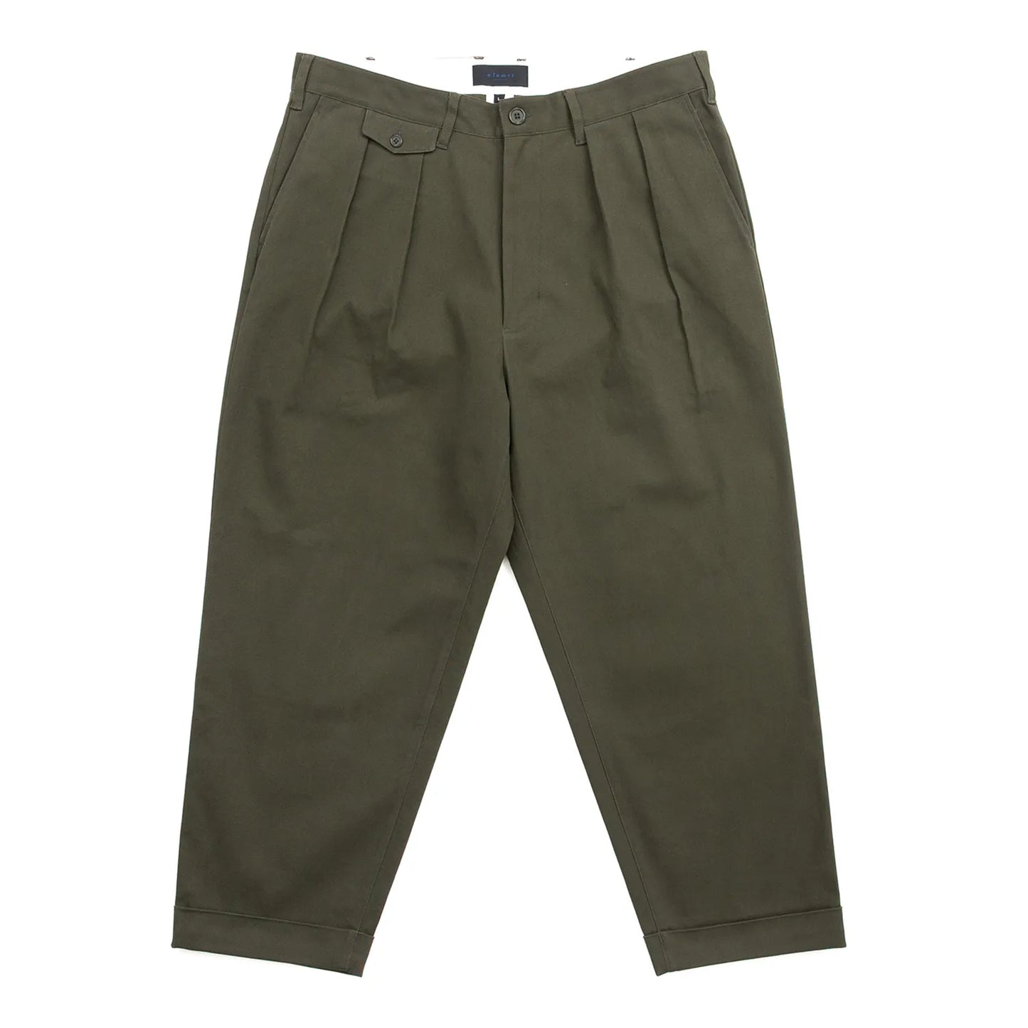 CLUMSY PICTURESの新作パンツ「2 PLEATS RELAXED TWILL PANTS」のSEPIAカラーの正面からの商品写真