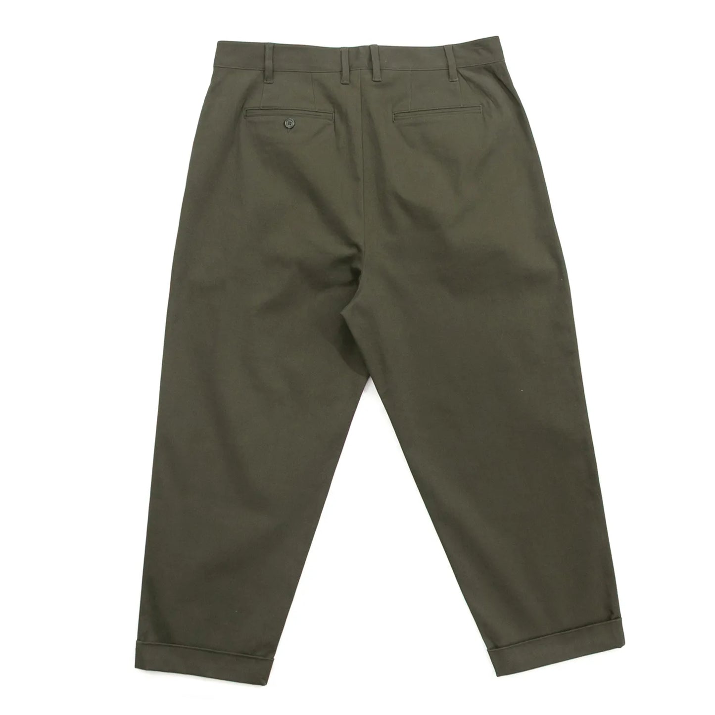 CLUMSY PICTURESの新作パンツ「2 PLEATS RELAXED TWILL PANTS」のSEPIAカラーの背面からの商品写真