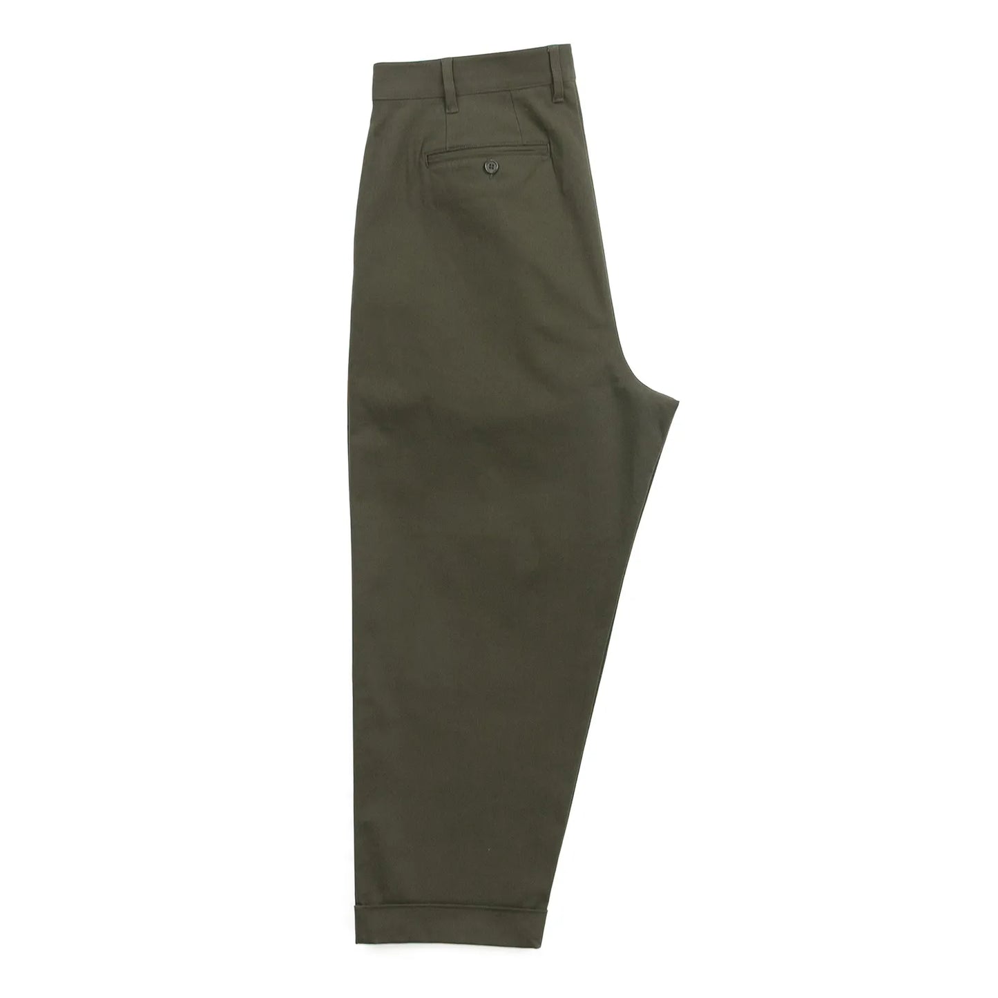 CLUMSY PICTURESの新作パンツ「2 PLEATS RELAXED TWILL PANTS」のSEPIAカラーの側面からの商品写真