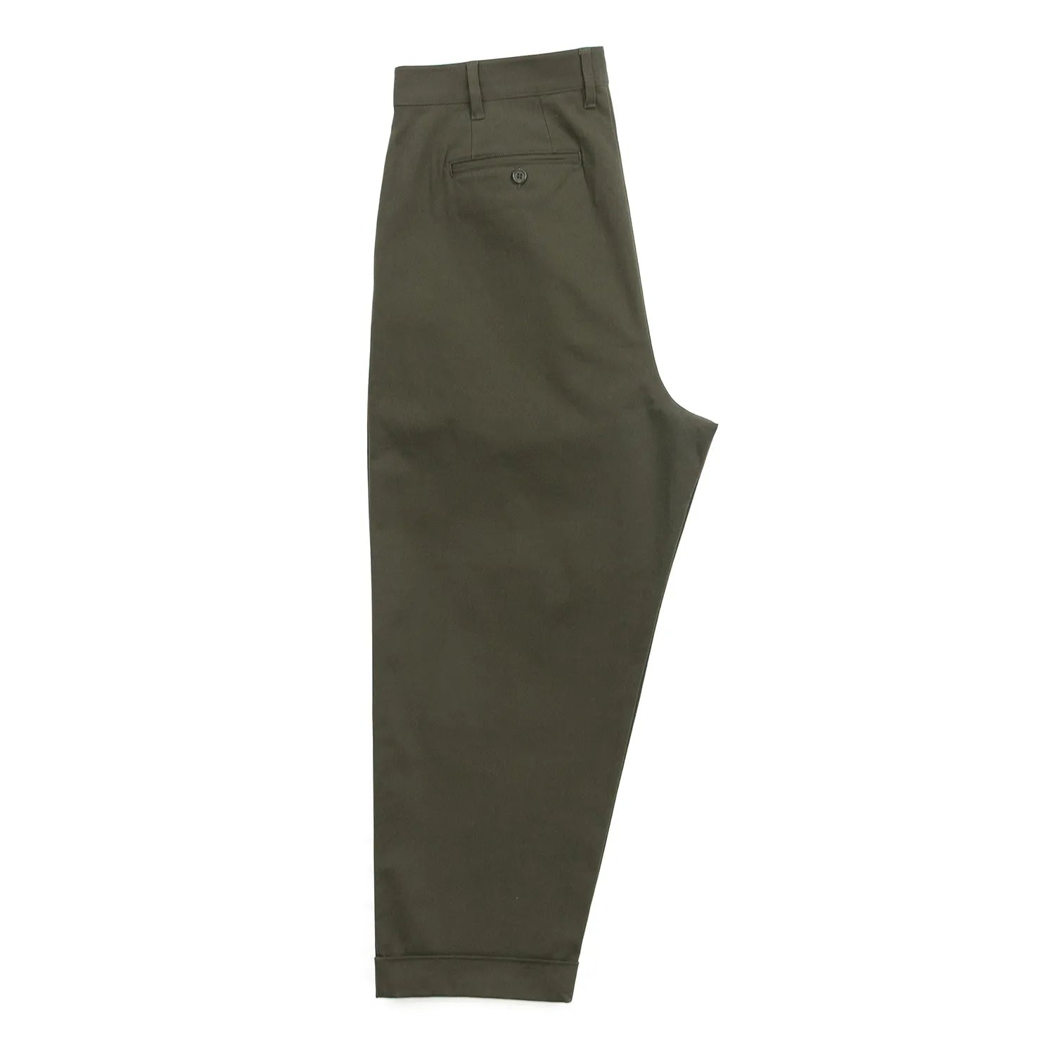 CLUMSY PICTURESの新作パンツ「2 PLEATS RELAXED TWILL PANTS」のSEPIAカラーの側面からの商品写真