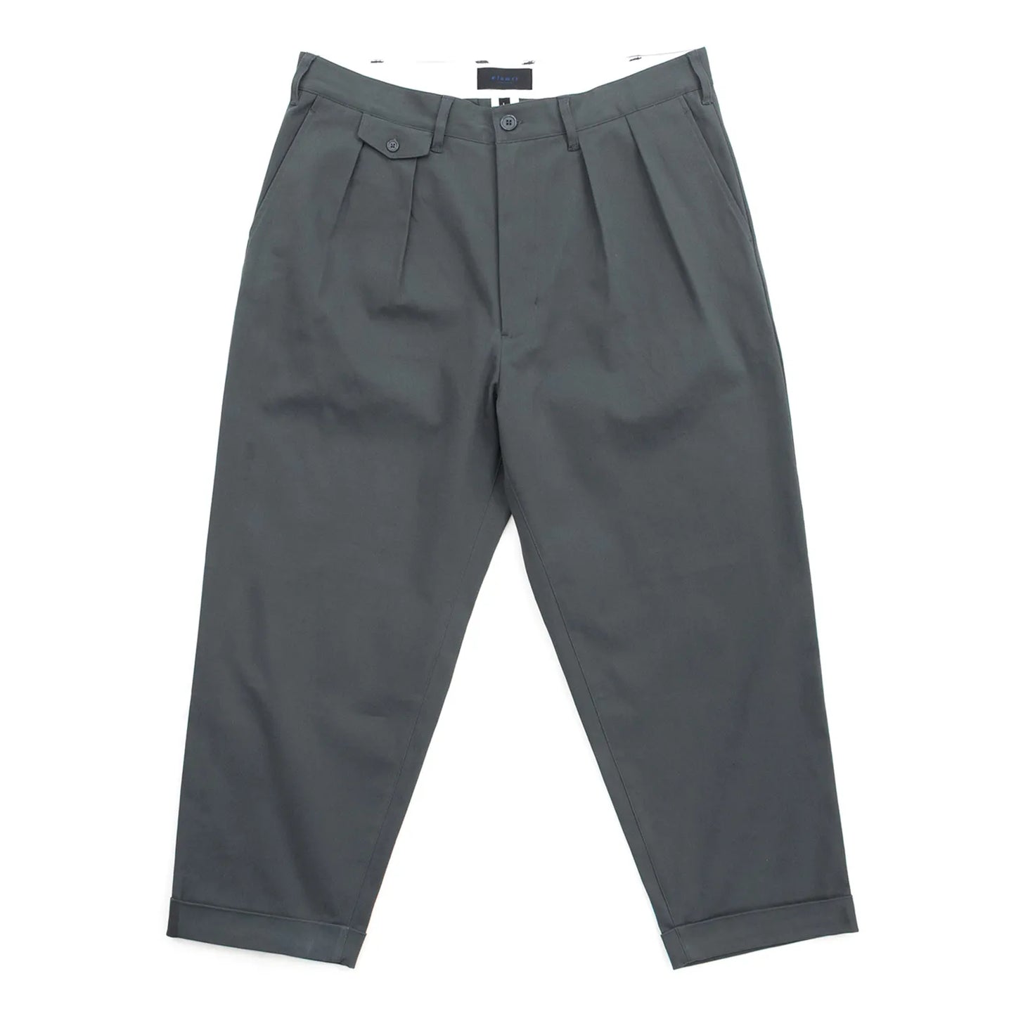 CLUMSY PICTURESの新作パンツ「2 PLEATS RELAXED TWILL PANTS」のSLATEカラーの正面からの商品写真