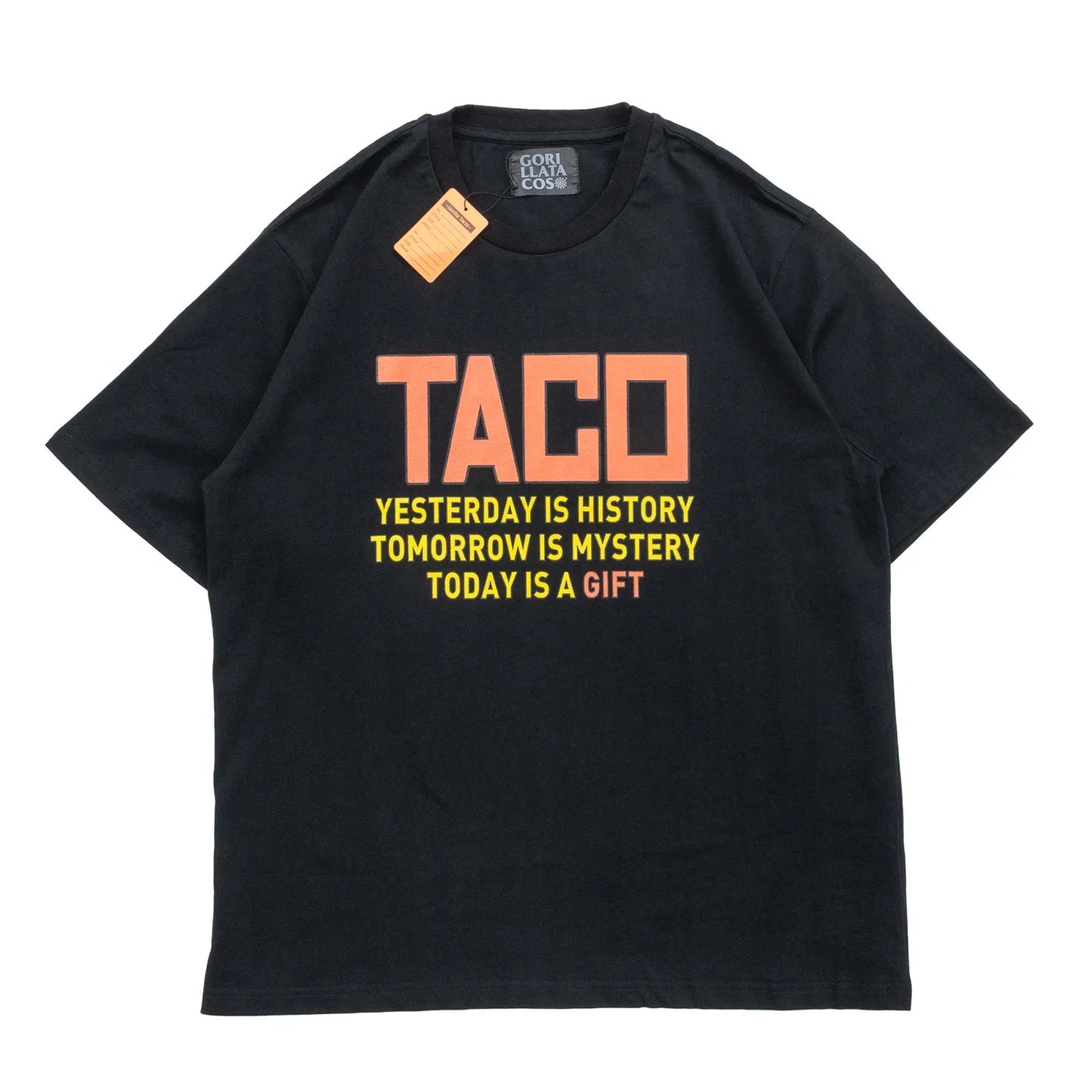 フロントに大きくレタードデザインがプリントされたGORILLA TACOSのTシャツ「TACO TEE」のBLACKカラーの正面からの商品写真