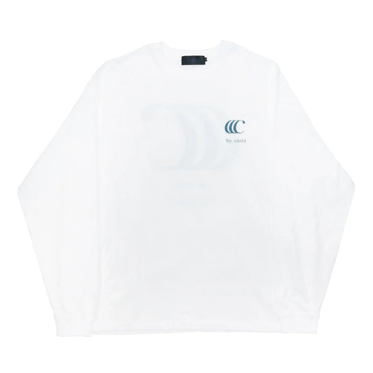 「CLUMSY PICTURES」のアイコン的デザインのロングスリーブTシャツ「LIMITED CCC L/S TEE」の「WHITE/OLD BLUE」カラーの正面からの商品写真