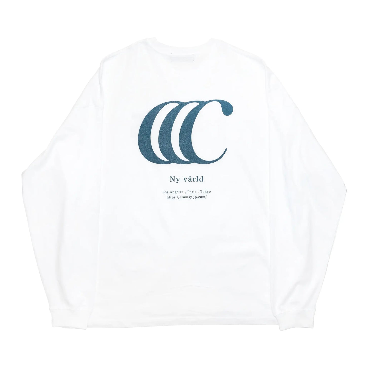 「CLUMSY PICTURES」のアイコン的デザインのロングスリーブTシャツ「LIMITED CCC L/S TEE」の「WHITE/OLD BLUE」カラーの背面からの商品写真
