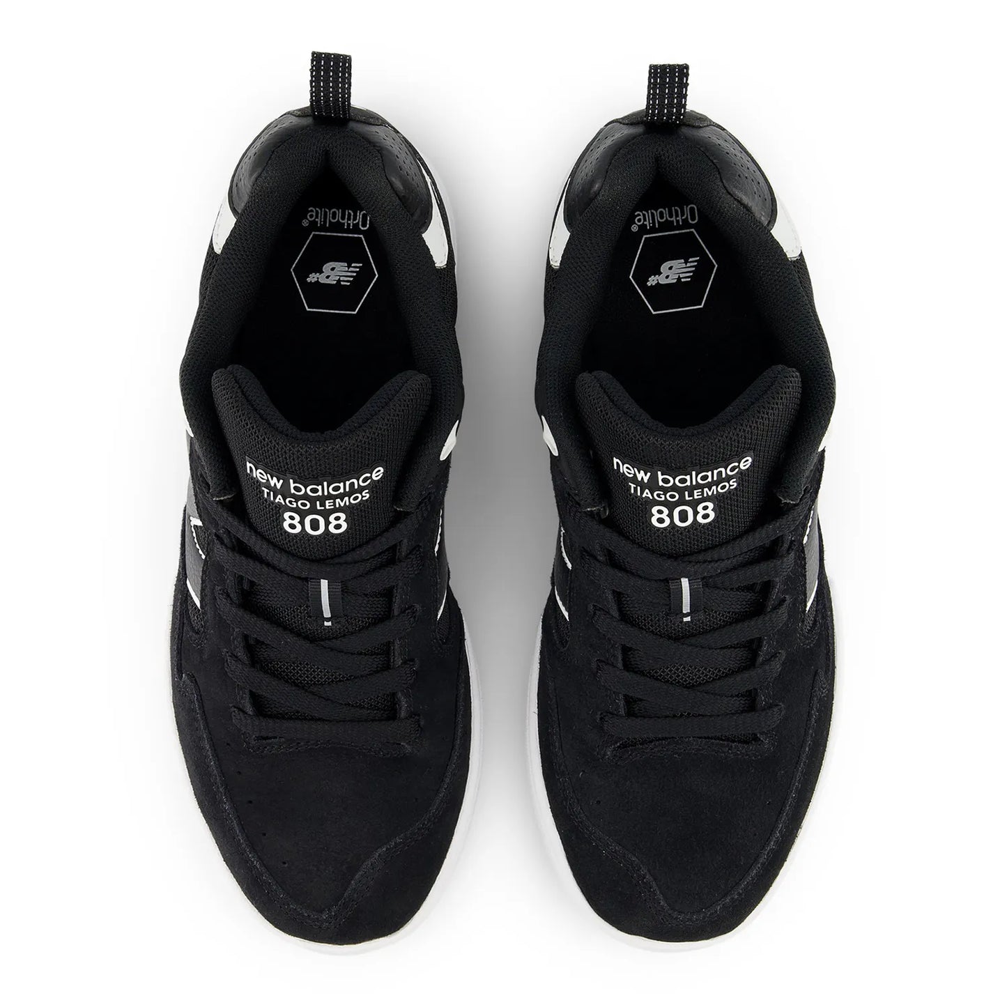 New Balance Numeric(ニューバランスヌメリック)の「TIAGO LEMOS」のシグネーチャーモデルのスケボー・スケートボードシューズ「NM808LBW」のBLACKカラーの真上からの商品写真