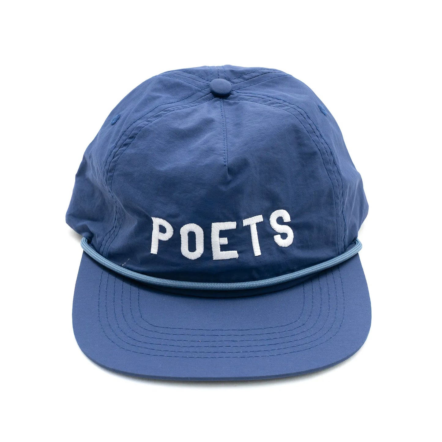 フロントに刺繍ロゴが入ったPOETS(ポエッツ)のナイロンキャップ「CAPPY CAP」のNAVYカラーの正面からの商品写真