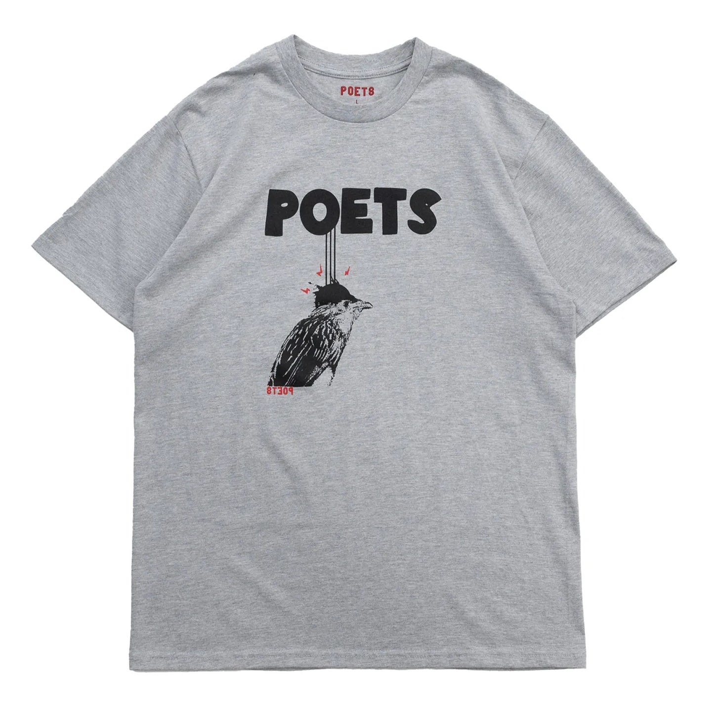 フロントにフェルト地のプリントデザインが入るPOETS(ポエッツ)のTシャツ「POETS CUCKOO TEE」の「HT GREY」カラーの正面からの商品写真