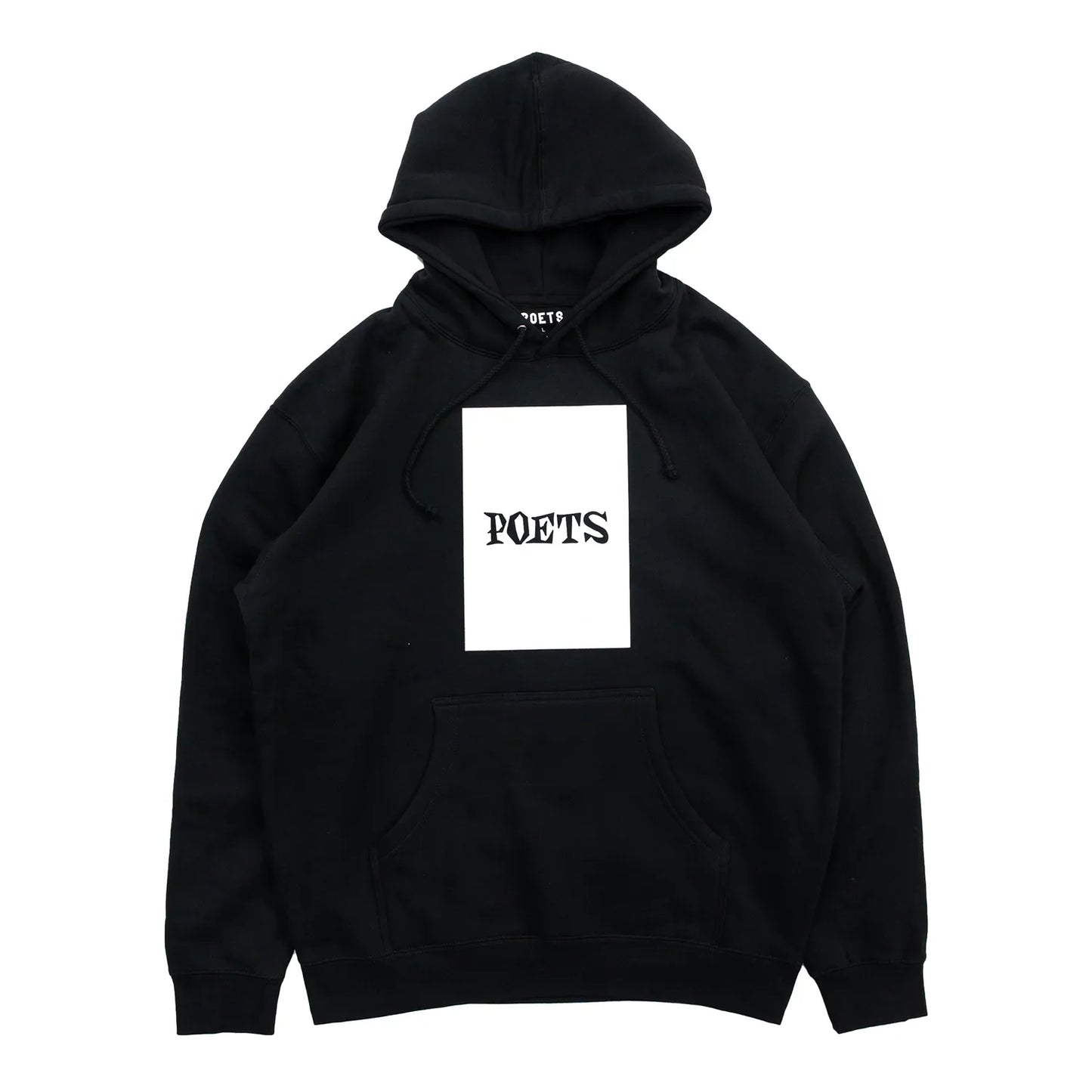 POETS(ポエッツ)のフロントに大きくデザインがフェルトプリントされた肉厚なパーカー「D&G SCREENED HOODIE」のBLACKカラーの正面からの商品写真