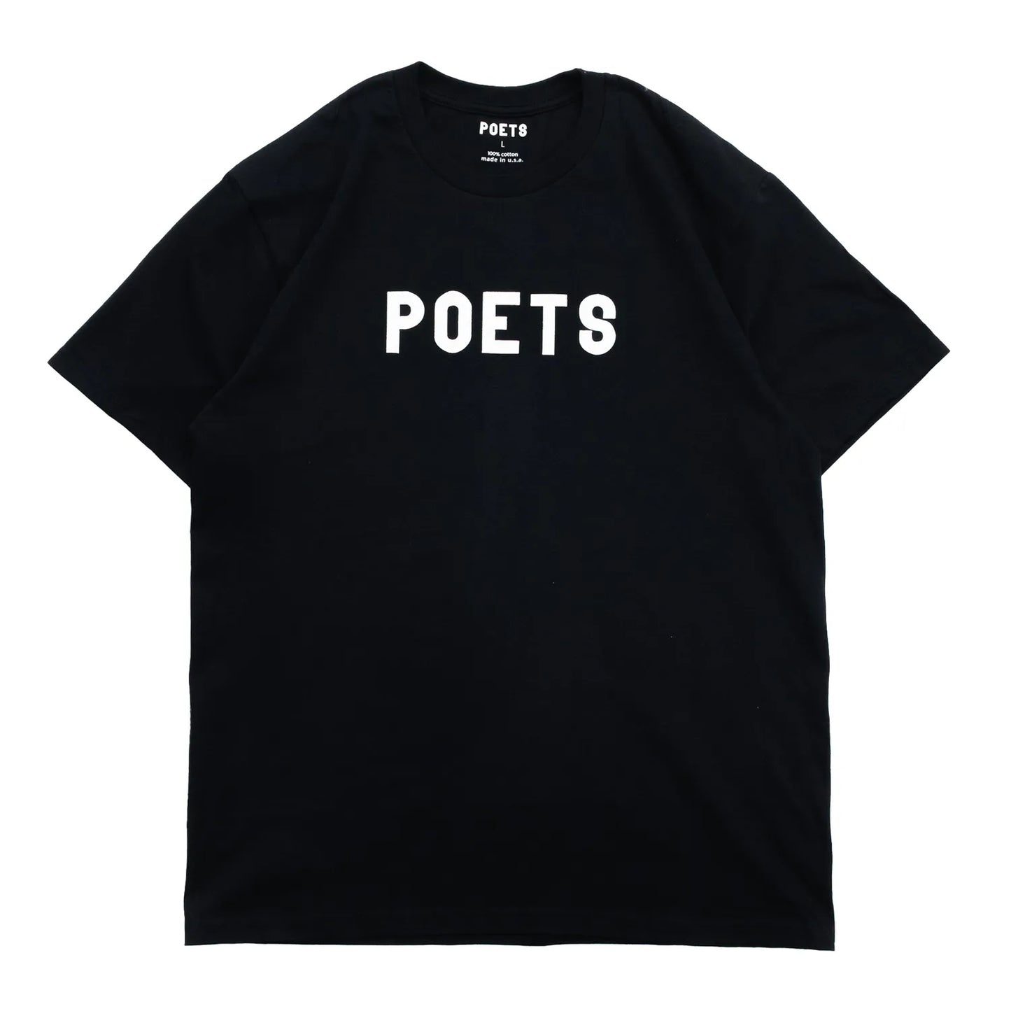 フロントにフェルト地のプリントデザインが入るPOETS(ポエッツ)のTシャツ「POETS OG POETS FLOCKED TEE」の「BLACK/WHITE」カラーの正面からの商品写真