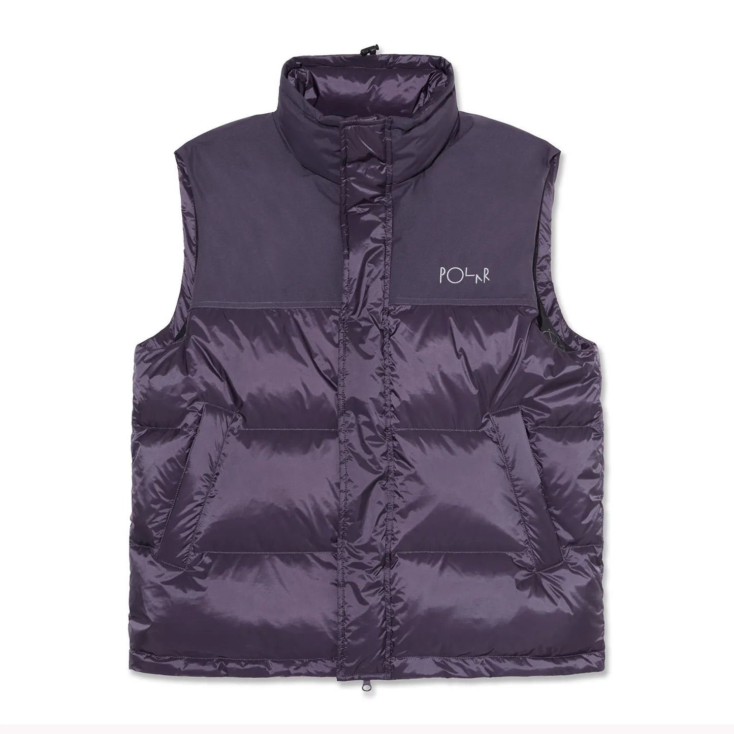 POLAR SKATE CO(ポーラースケート)の600フィルパワーのダウンベスト「BASIC PUFFER VEST」のDARK VIOLETカラーの正面からの写真