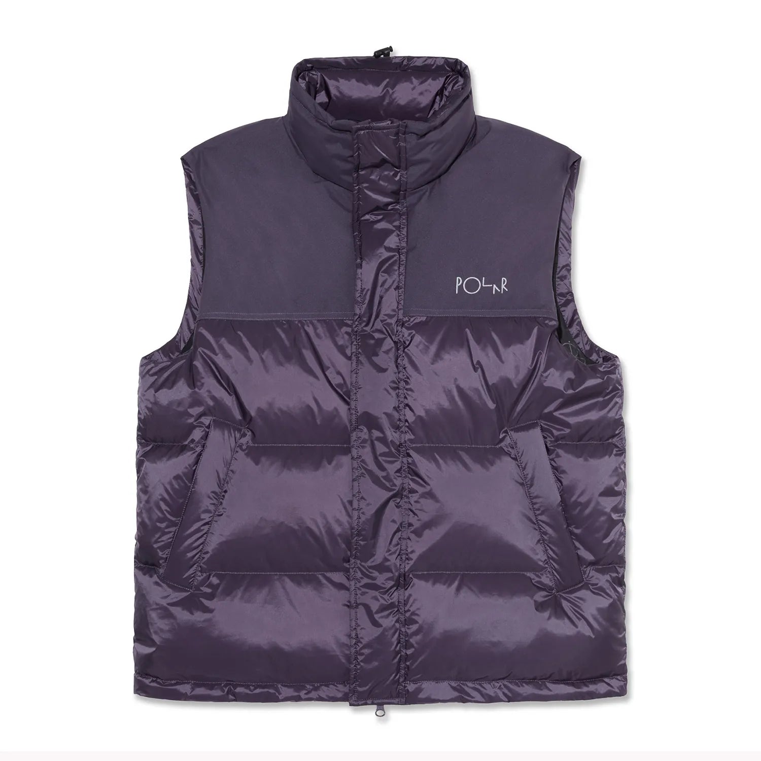 POLAR SKATE CO(ポーラースケート)の600フィルパワーのダウンベスト「BASIC PUFFER VEST」のDARK VIOLETカラーの正面からの写真