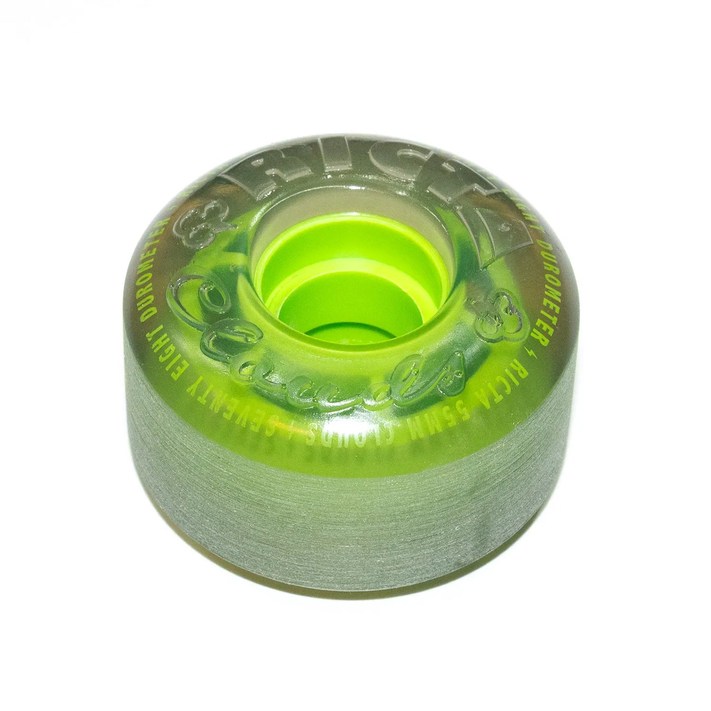 RICTA WHEELS(リクタウォール)のクルーザー・ソフトウィール「CLOUDS - 55MM / 78A」の「TRANSPARENT BLACK GREENカラー」の接地面が見える角度からの商品写真
