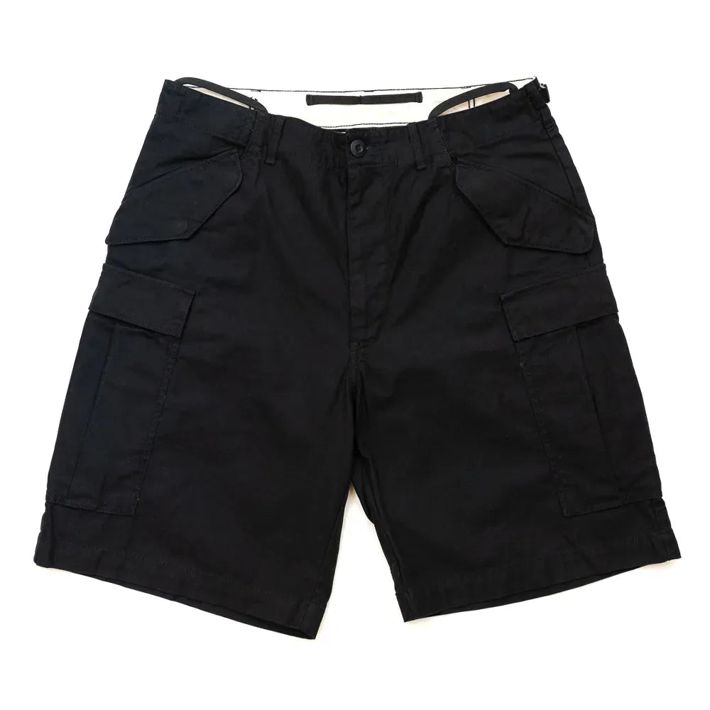 名作M-65をファットなシルエットにPrimeが理プロダクトした自信作「M-65 REMAKE CARGO SHORTS」の「BLACK」カラーの正面からの商品写真