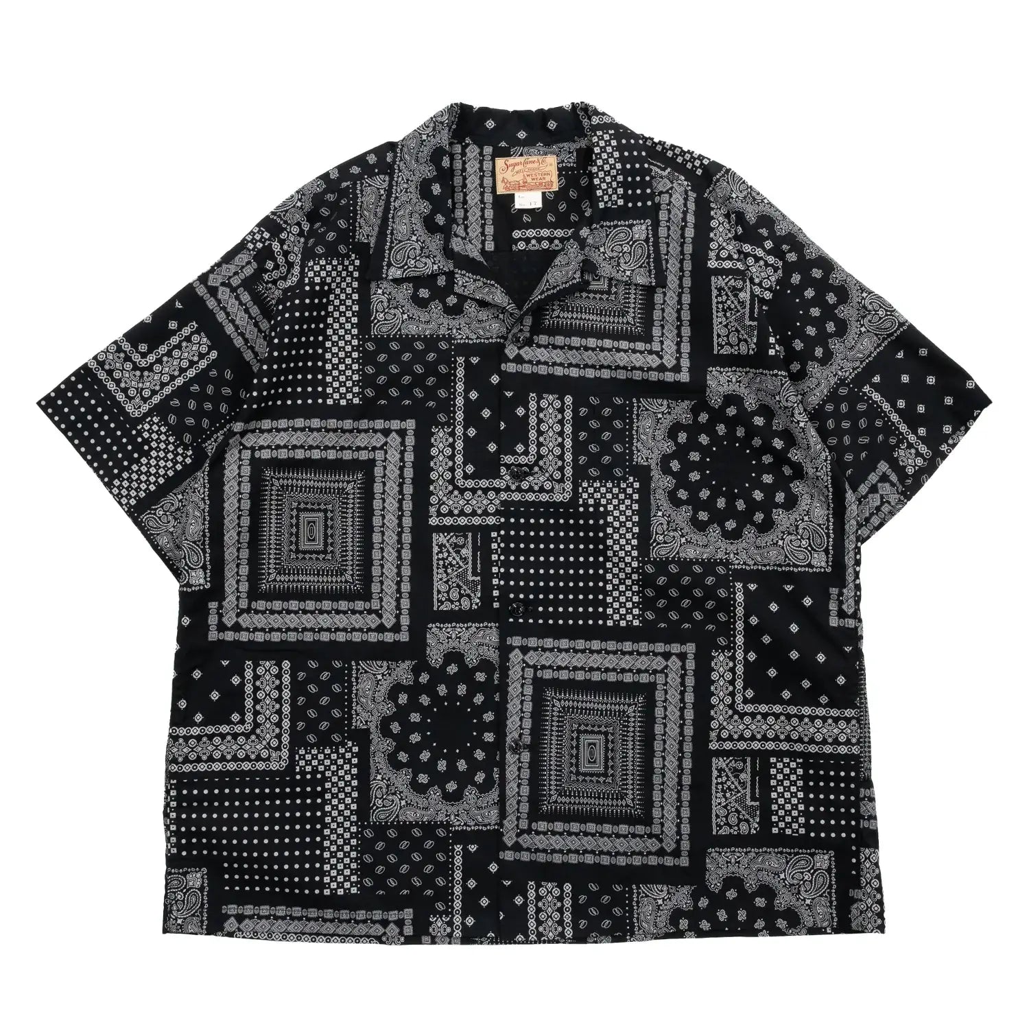 「SUGER CANE」ヴィンテージのバンダナの柄を散りばめてパッチワーク風総柄プリントシャツ「NATIVE AMERICAN BANDANA PATCHWORK PRINT OPEN SHIRT」のBLACKカラーの正面からの商品写真