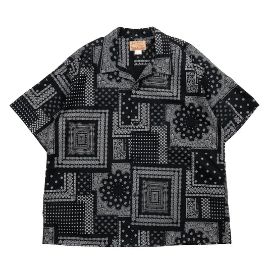 「SUGER CANE」ヴィンテージのバンダナの柄を散りばめてパッチワーク風総柄プリントシャツ「NATIVE AMERICAN BANDANA PATCHWORK PRINT OPEN SHIRT」のBLACKカラーの正面からの商品写真