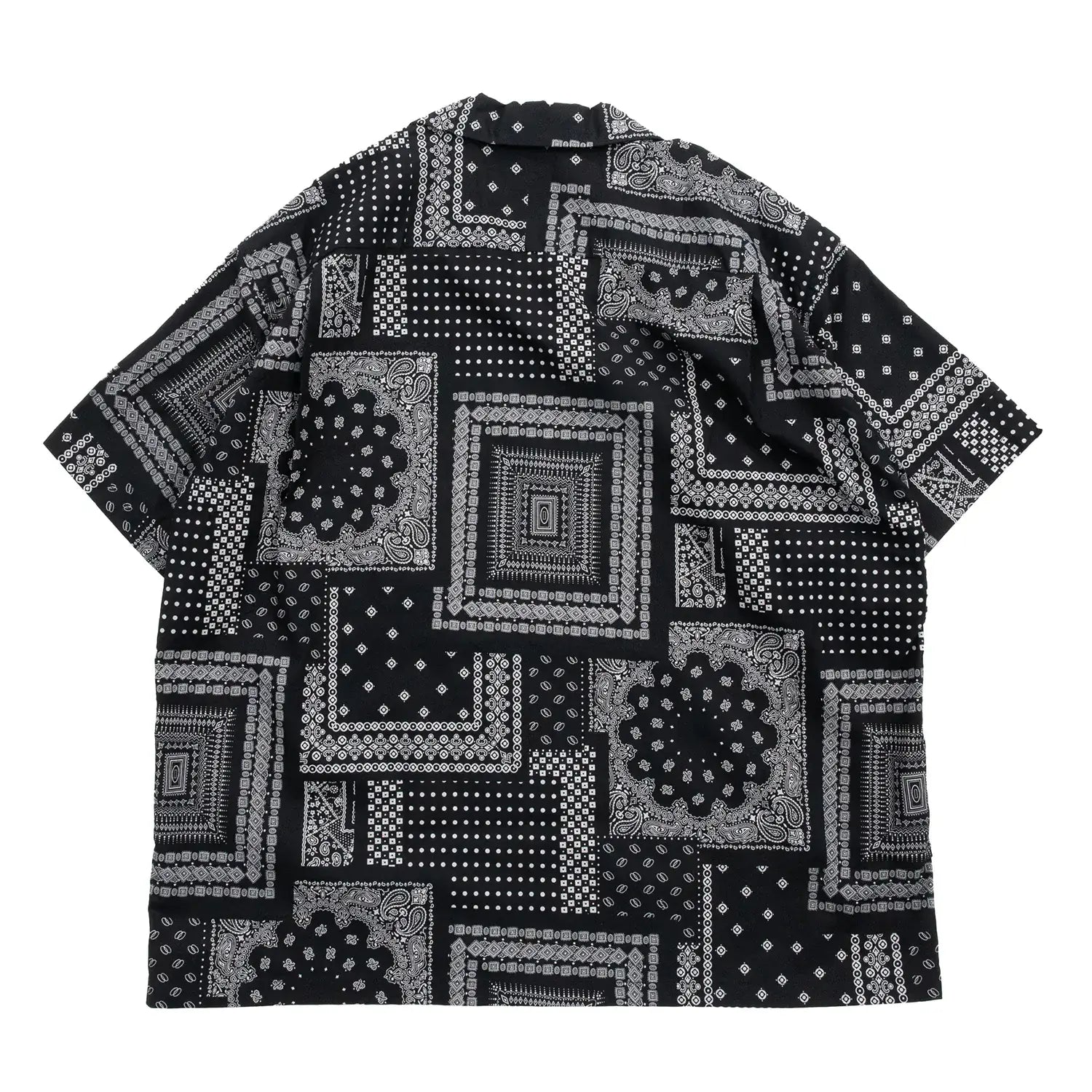「SUGER CANE」ヴィンテージのバンダナの柄を散りばめてパッチワーク風総柄プリントシャツ「NATIVE AMERICAN BANDANA PATCHWORK PRINT OPEN SHIRT」のBLACKカラーの背面からの商品写真