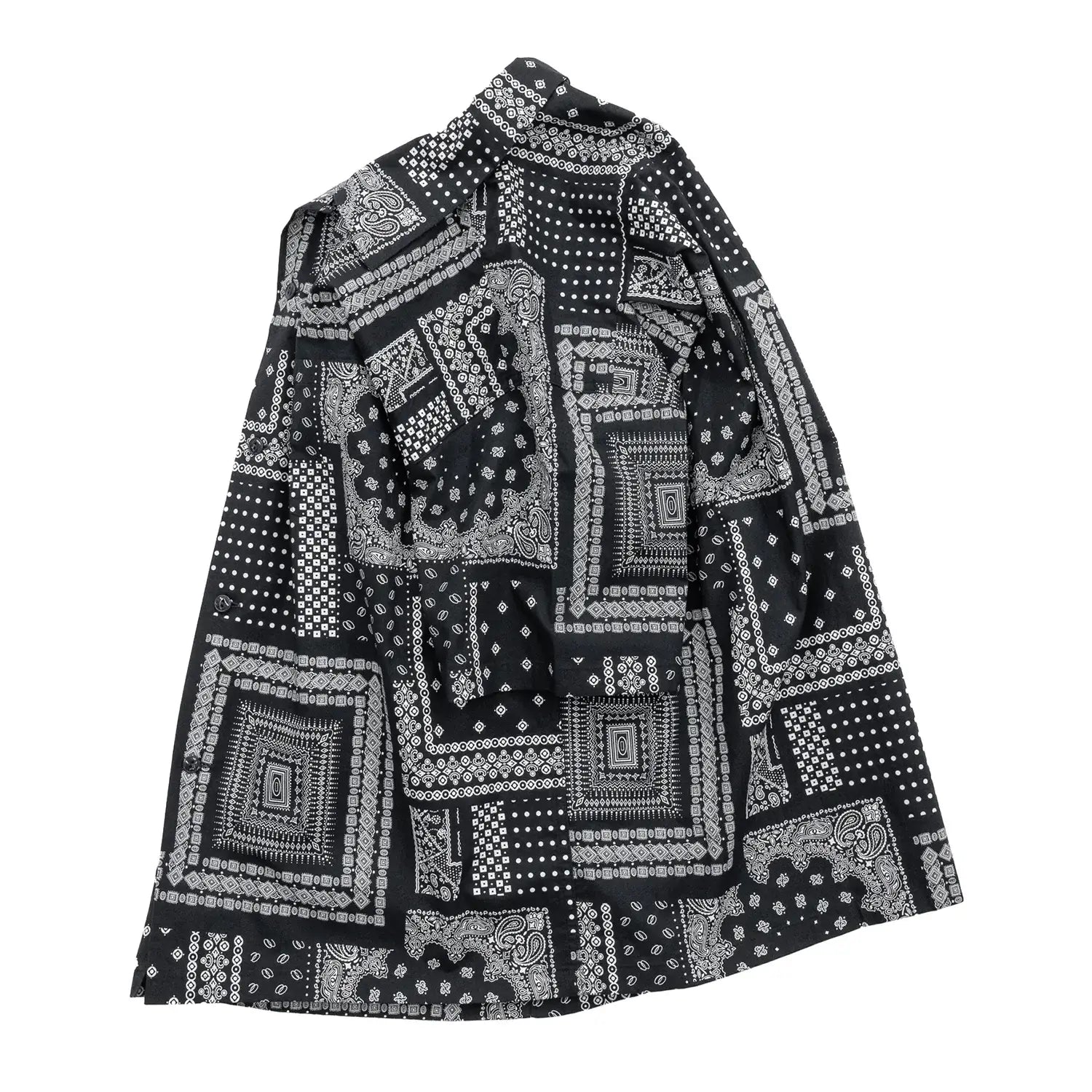 「SUGER CANE」ヴィンテージのバンダナの柄を散りばめてパッチワーク風総柄プリントシャツ「NATIVE AMERICAN BANDANA PATCHWORK PRINT OPEN SHIRT」のBLACKカラーの側面からの商品写真