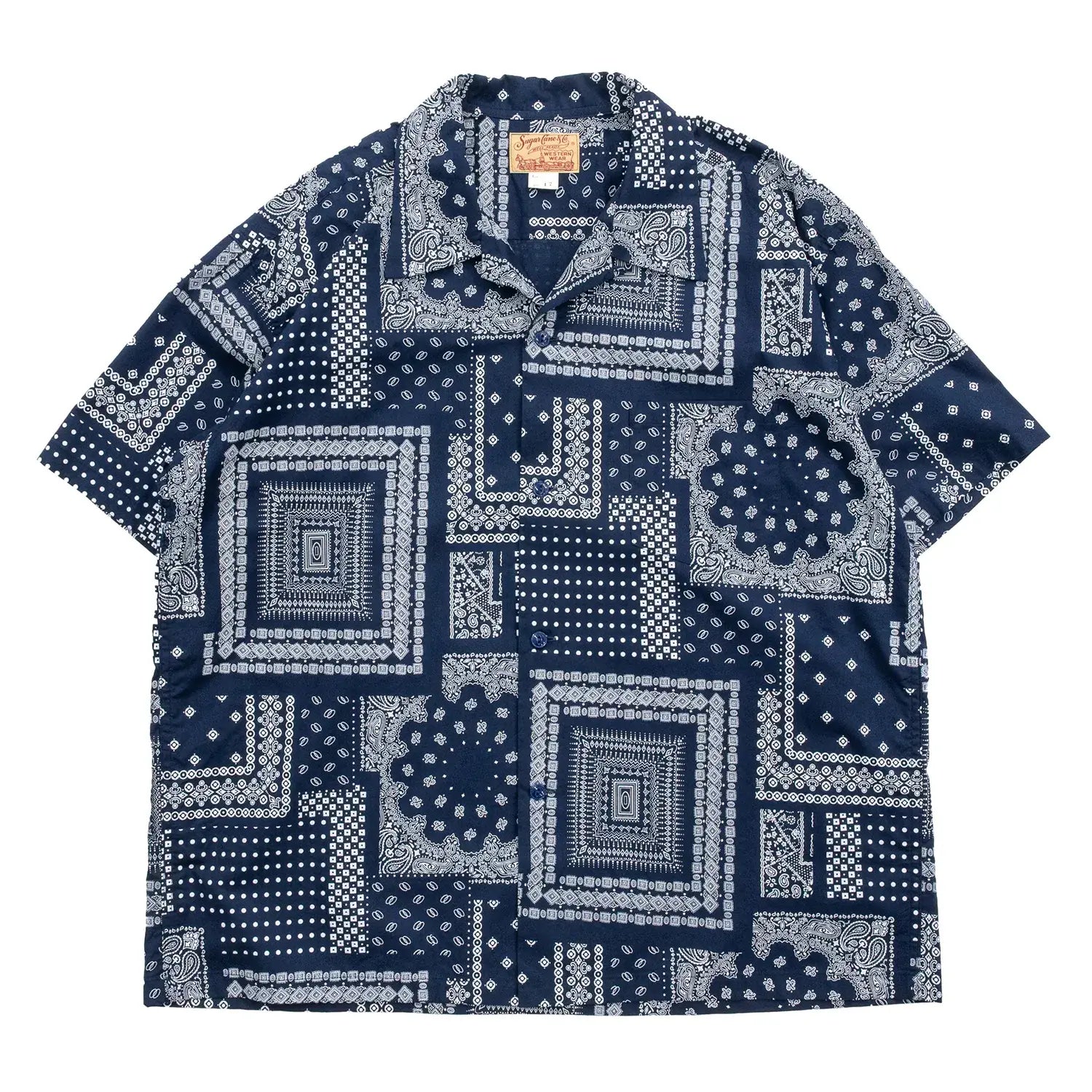 「SUGER CANE」ヴィンテージのバンダナの柄を散りばめてパッチワーク風総柄プリントシャツ「NATIVE AMERICAN BANDANA PATCHWORK PRINT OPEN SHIRT」のNAVYカラーの正面からの商品写真