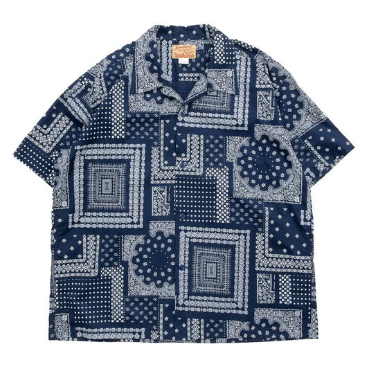 「SUGER CANE」ヴィンテージのバンダナの柄を散りばめてパッチワーク風総柄プリントシャツ「NATIVE AMERICAN BANDANA PATCHWORK PRINT OPEN SHIRT」のNAVYカラーの正面からの商品写真