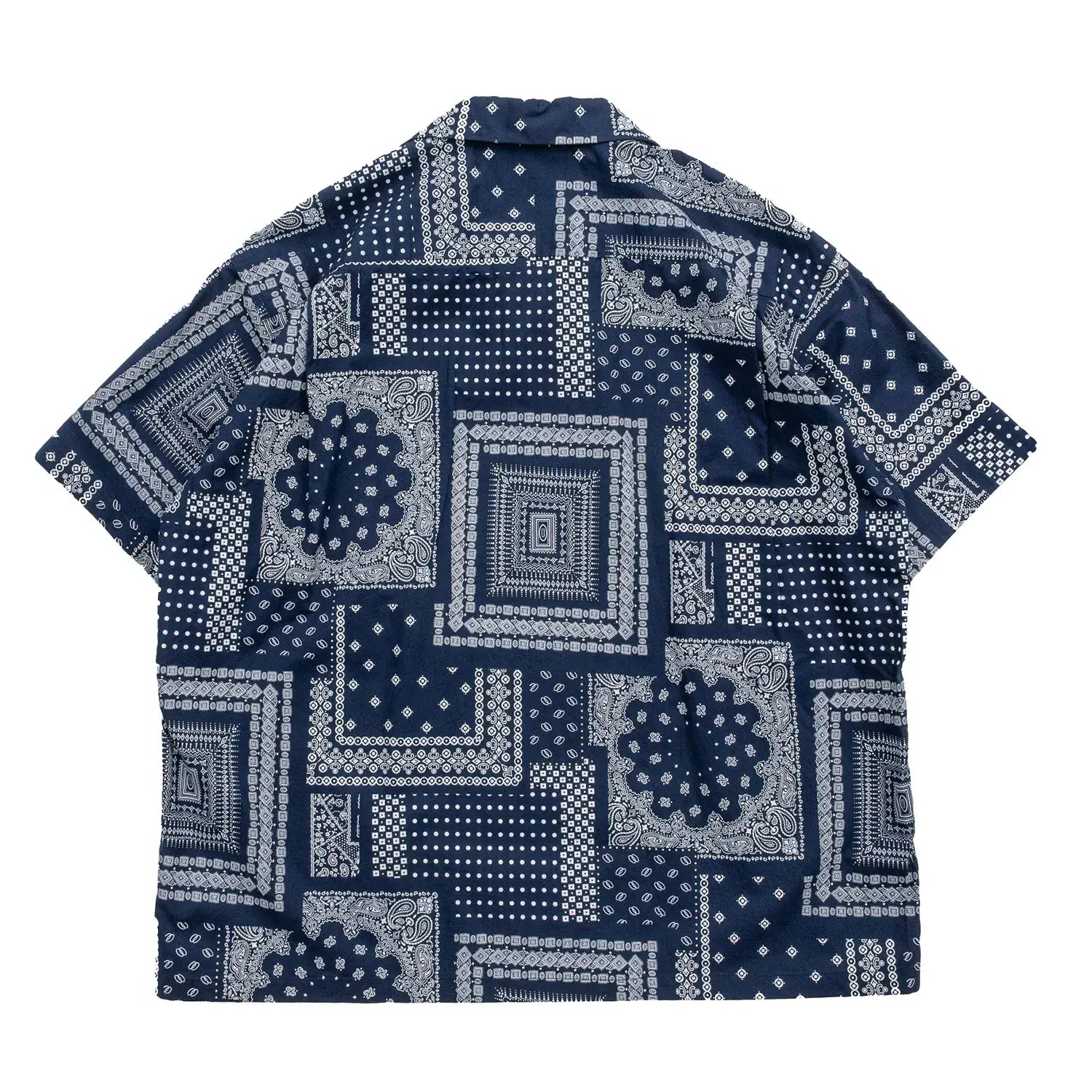 「SUGER CANE」ヴィンテージのバンダナの柄を散りばめてパッチワーク風総柄プリントシャツ「NATIVE AMERICAN BANDANA PATCHWORK PRINT OPEN SHIRT」のNAVYカラーの背面からの商品写真