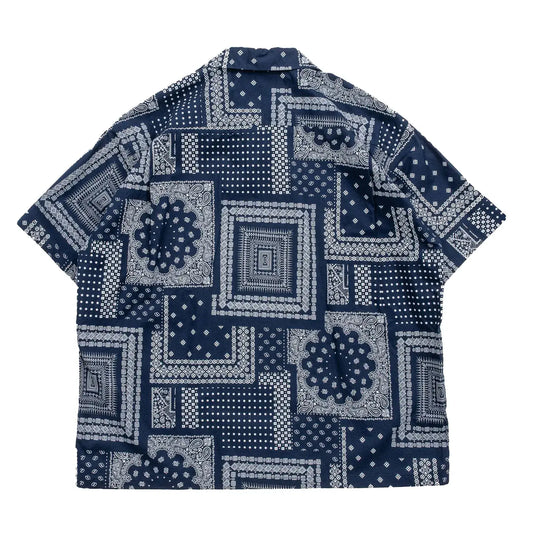 「SUGER CANE」ヴィンテージのバンダナの柄を散りばめてパッチワーク風総柄プリントシャツ「NATIVE AMERICAN BANDANA PATCHWORK PRINT OPEN SHIRT」のNAVYカラーの背面からの商品写真