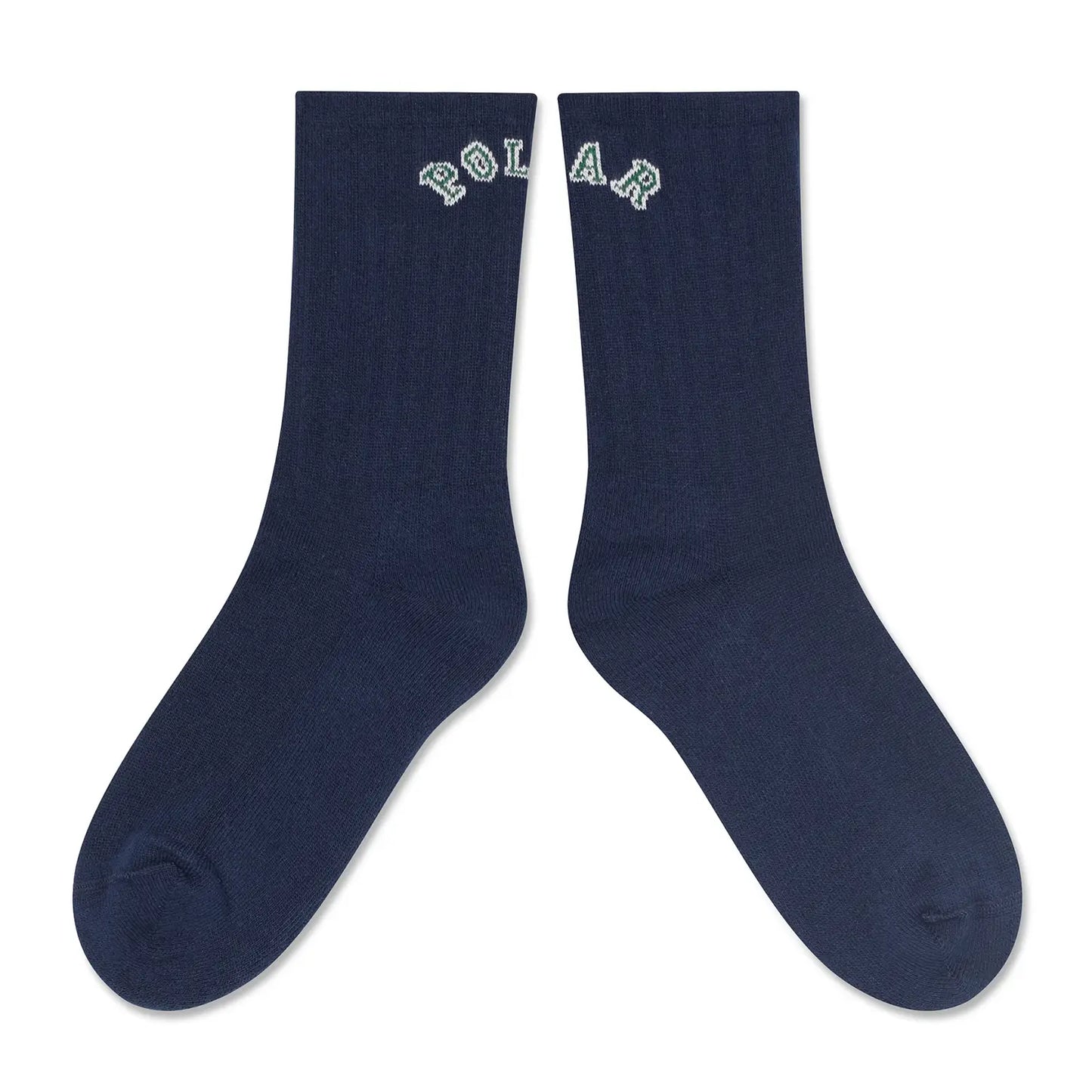POLAR SKATE CO(ポーラー)の靴下・ソックス「COLLEGE LOGO LARGE RIB SOCKS」のBLUEカラーの2足別方向に並べた商品写真