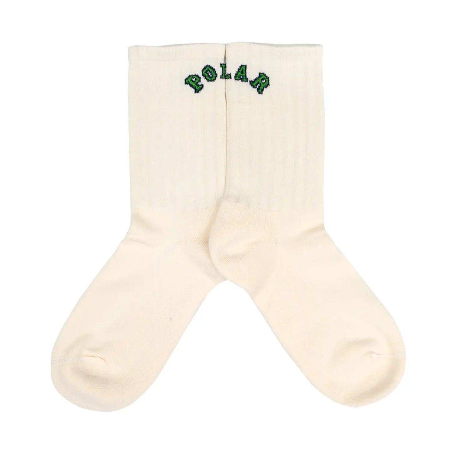 POLAR SKATE CO(ポーラー)の靴下・ソックス「COLLEGE LOGO LARGE RIB SOCKS」のWHITEカラーの2足別方向に並べた商品写真
