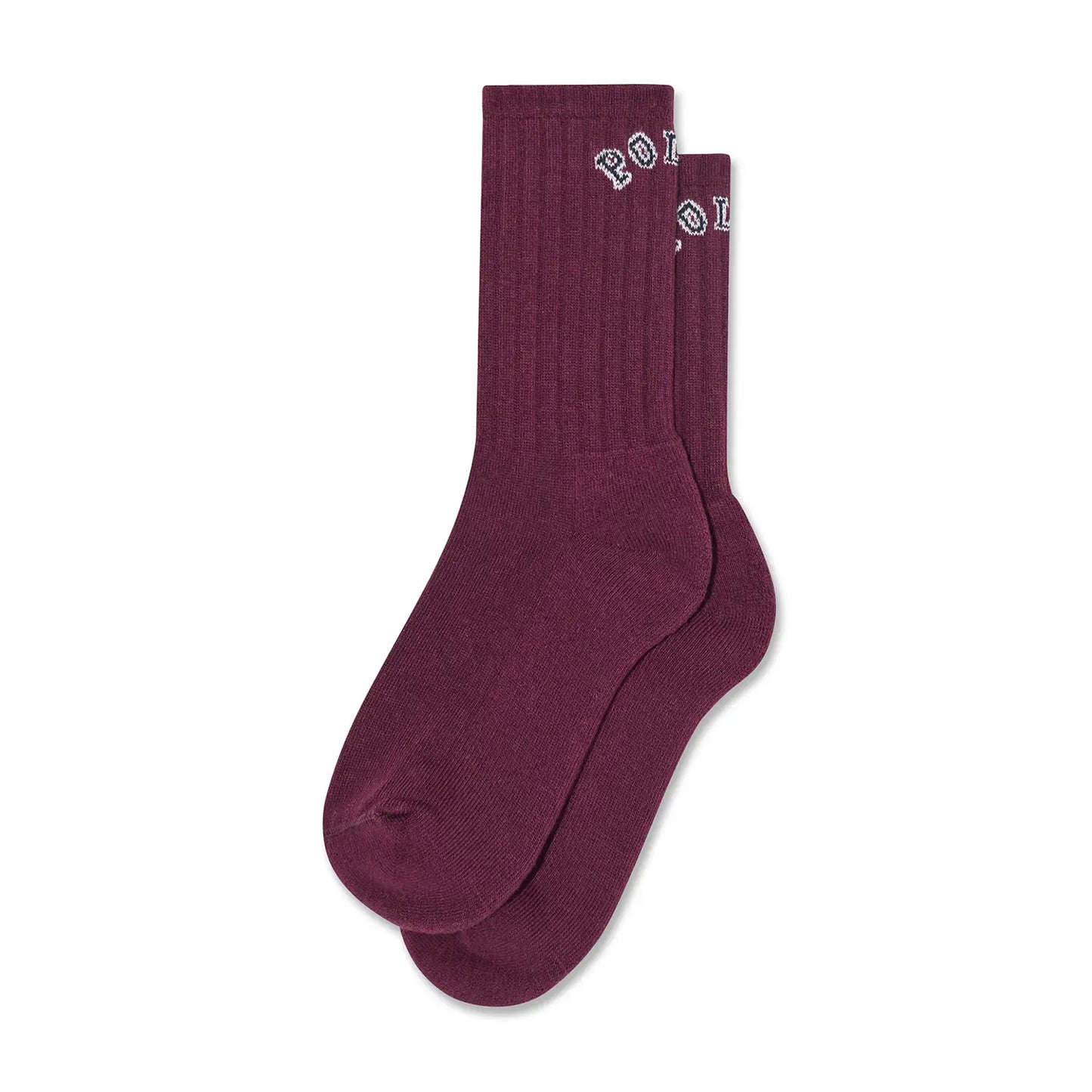 POLAR SKATE CO(ポーラー)の靴下・ソックス「COLLEGE LOGO LARGE RIB SOCKS」のWINEカラーの2足並べた商品写真