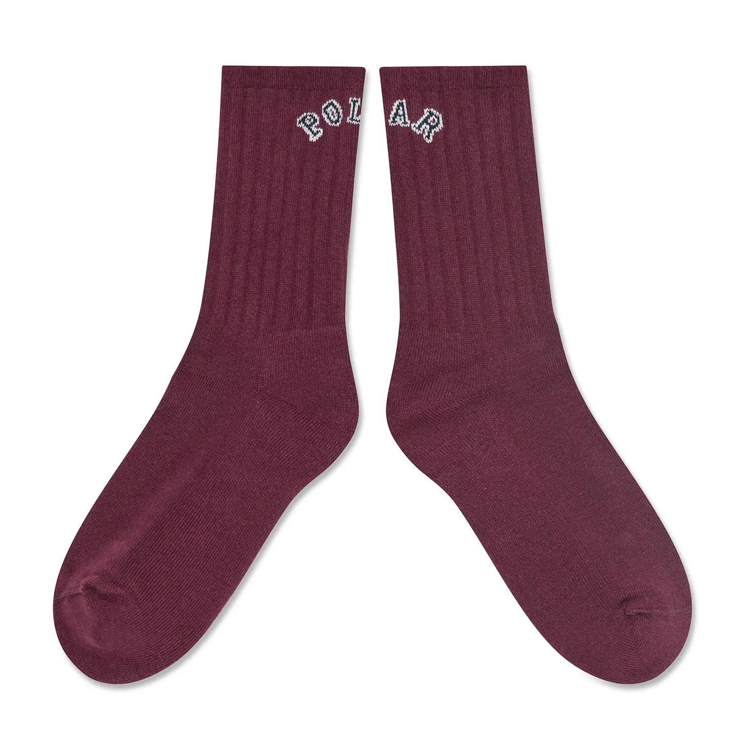 POLAR SKATE CO(ポーラー)の靴下・ソックス「COLLEGE LOGO LARGE RIB SOCKS」のWINEカラーの2足別方向に並べた商品写真