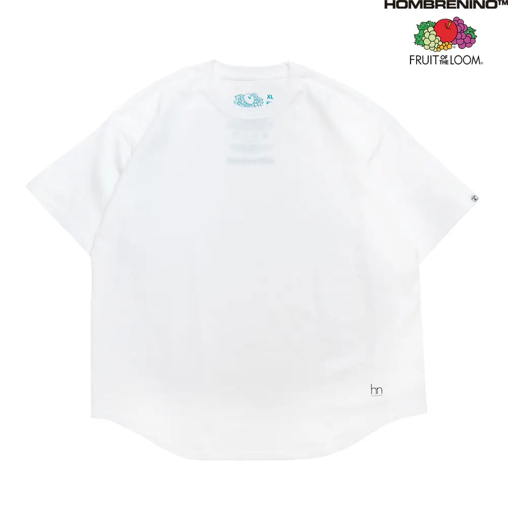 裾がラウンドカットされたHombre Nino(オンブレニーニョ)とFRUIT OF THE LOOMのダブルネームTシャツのWHITEカラーの正面からの商品写真