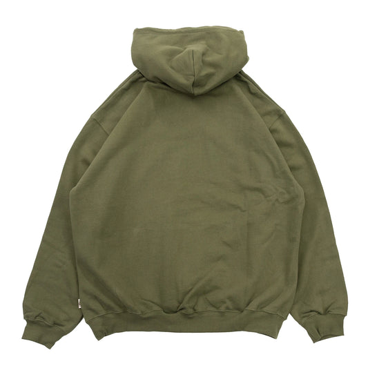 TRIBE WEAR(トライブウェア)の肉厚なフーディー|パーカー「BASIC HOODIE」のOLIVEカラーの背面からの商品写真