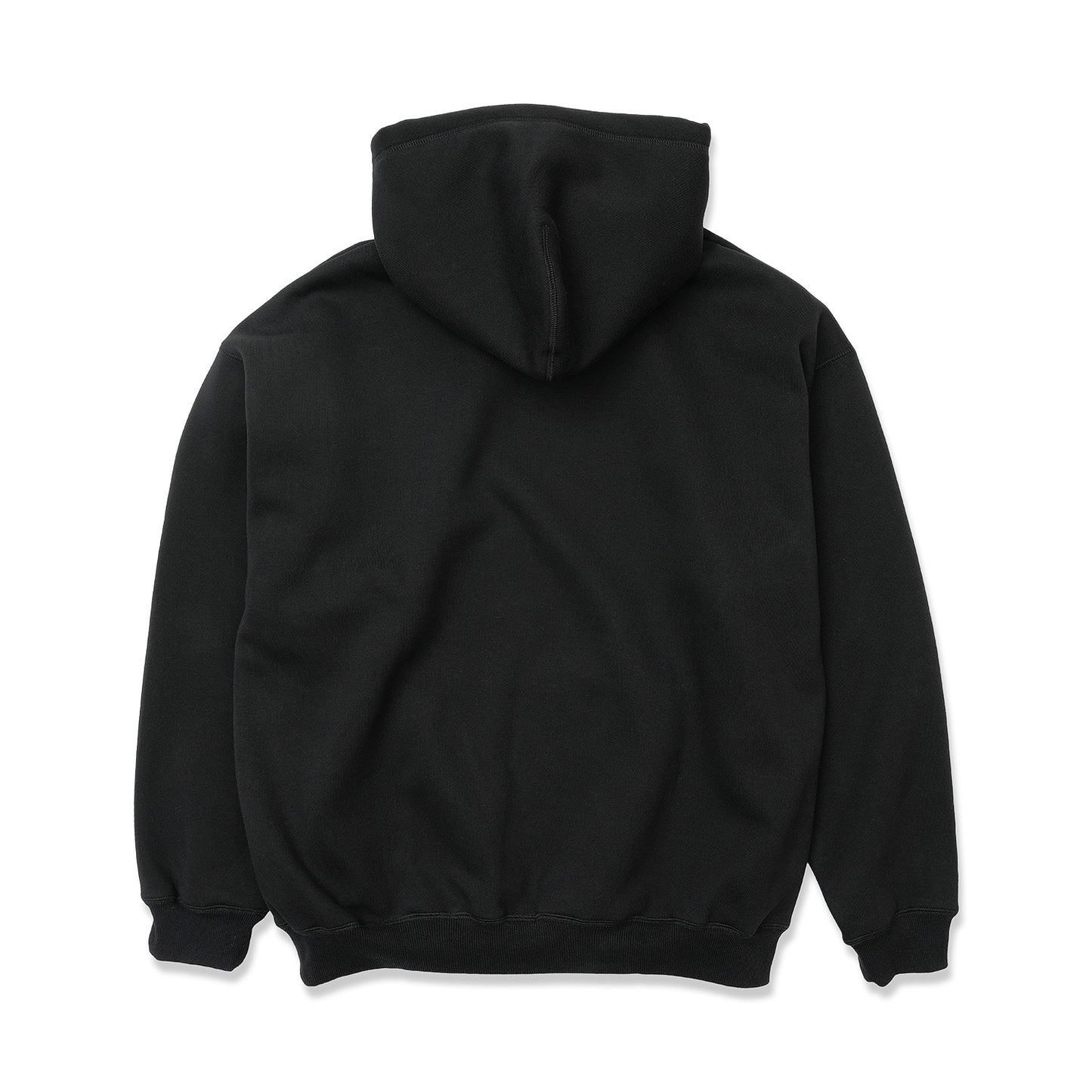 TRIBE WEAR(トライブウェア)のプレミアムな肉厚ヘビーオンスパーカー「NOT BASIC SWEAT HOODIE」のBLACKカラーの背面からの商品写真
