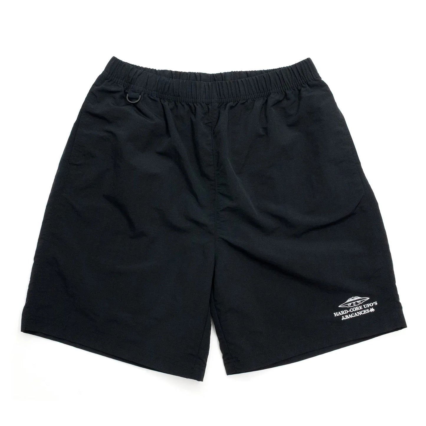 BACANCESのナイロン製の水陸両用ショーツ「BC NYLON SHORTS HARDCORE UFO'S LOGO」のBLACKカラーの正面からの商品写真