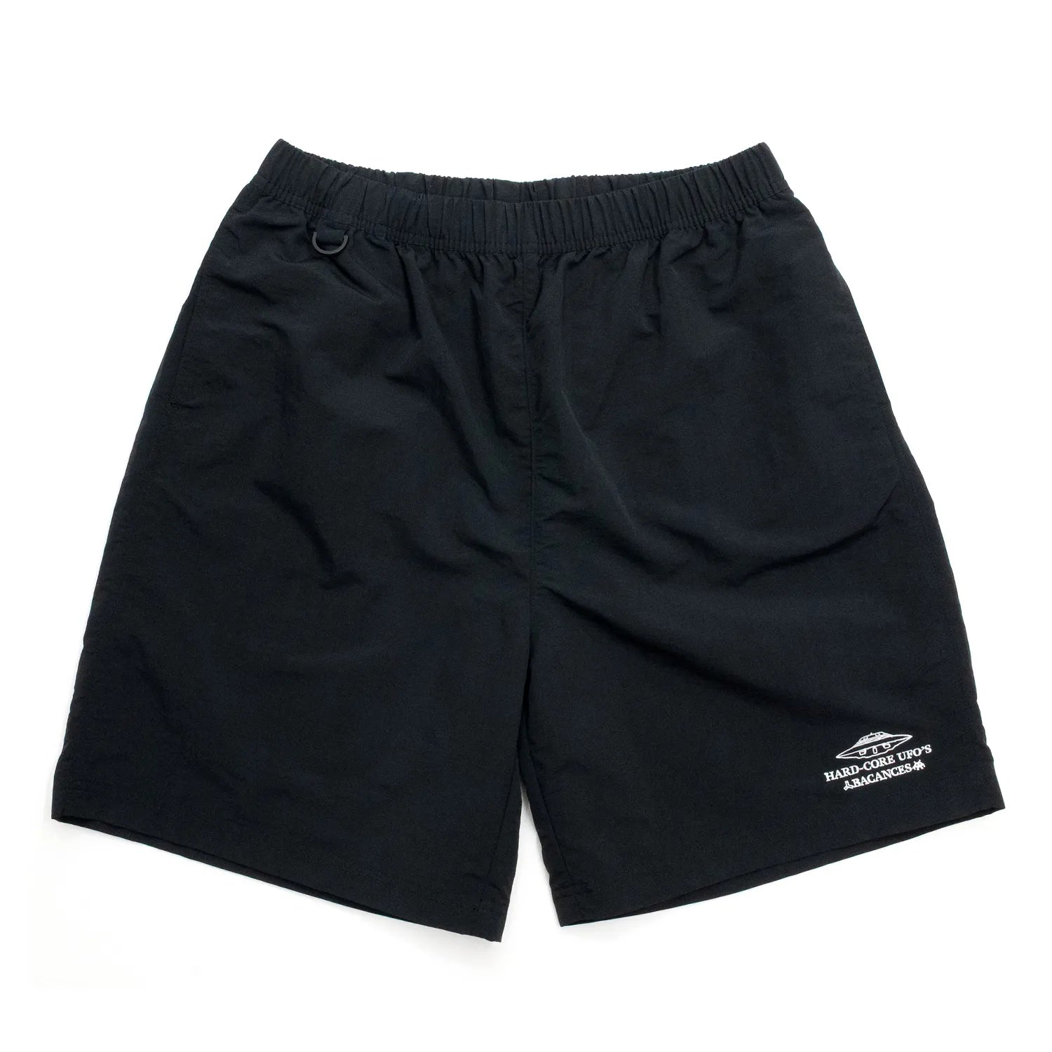 BACANCESのナイロン製の水陸両用ショーツ「BC NYLON SHORTS HARDCORE UFO'S LOGO」のBLACKカラーの正面からの商品写真