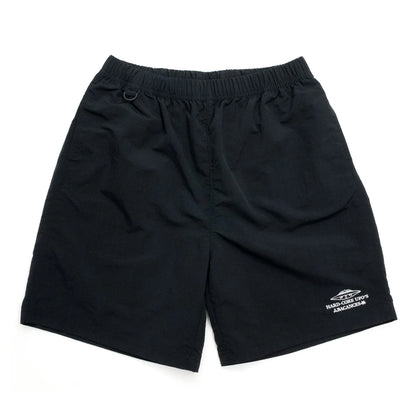 BACANCESのナイロン製の水陸両用ショーツ「BC NYLON SHORTS HARDCORE UFO'S LOGO」のBLACKカラーの正面からの商品写真