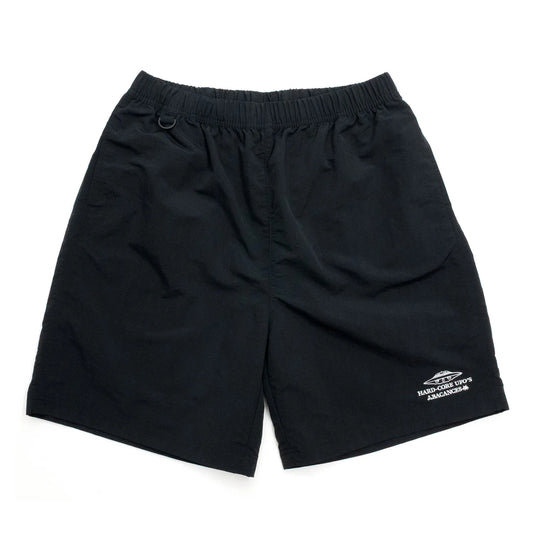 BACANCESのナイロン製の水陸両用ショーツ「BC NYLON SHORTS HARDCORE UFO'S LOGO」のBLACKカラーの正面からの商品写真
