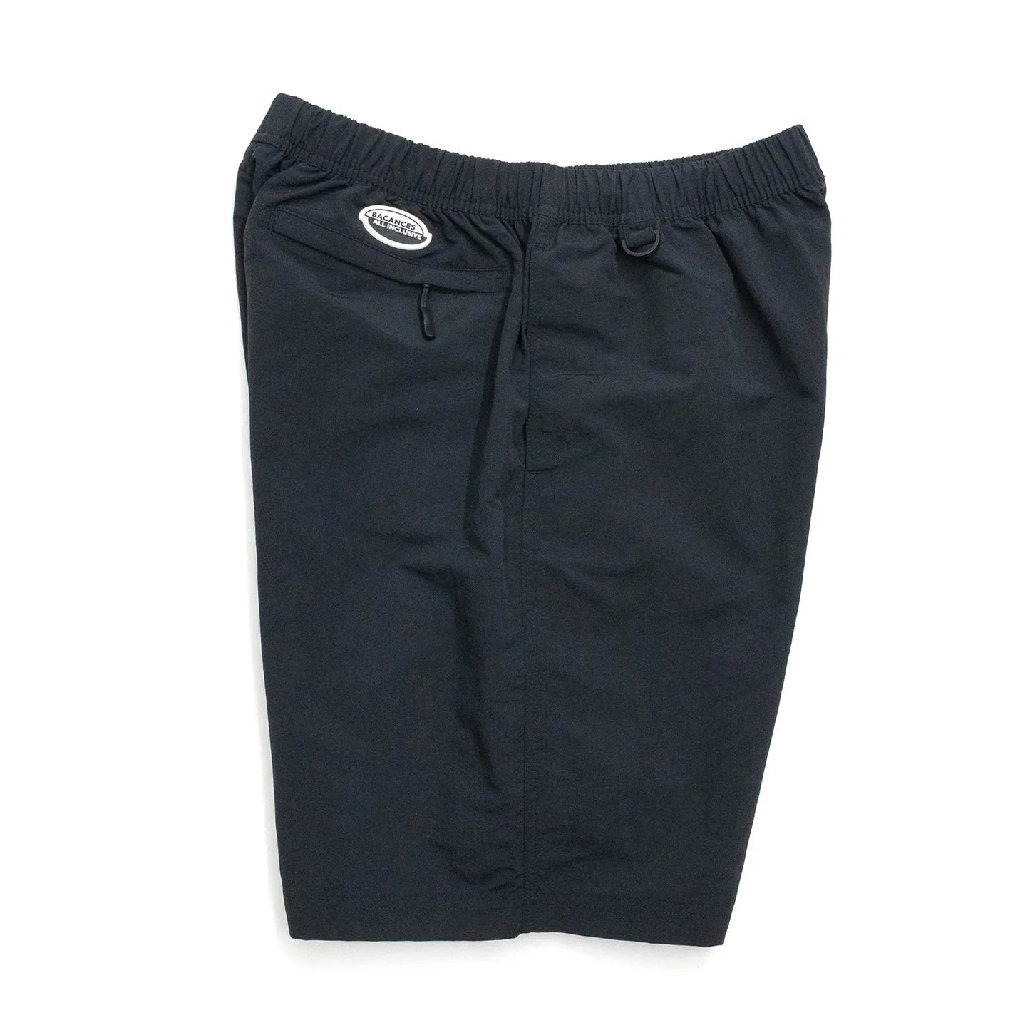 BACANCESのナイロン製の水陸両用ショーツ「BC NYLON SHORTS HARDCORE UFO'S LOGO」のBLACKカラーの側面からの商品写真