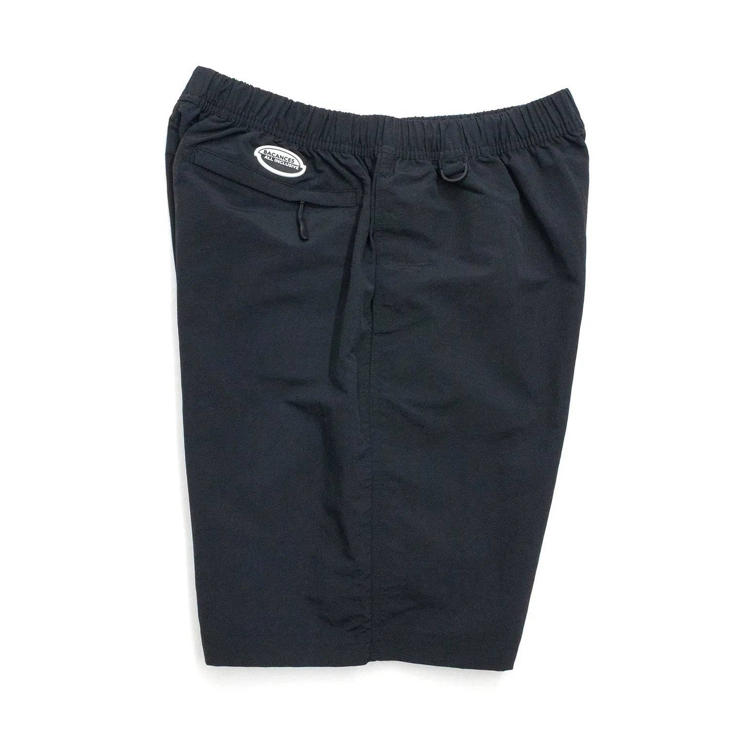BACANCESのナイロン製の水陸両用ショーツ「BC NYLON SHORTS HARDCORE UFO'S LOGO」のBLACKカラーの側面からの商品写真