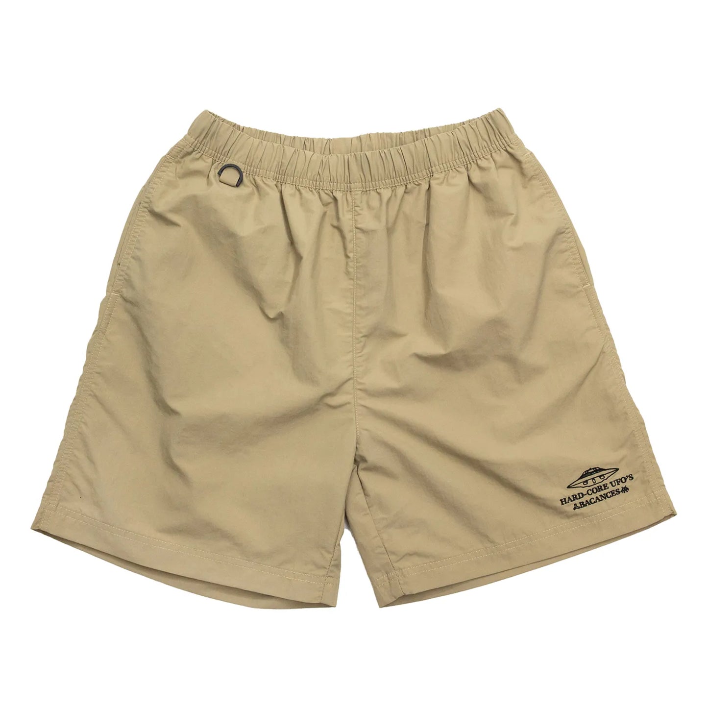 BACANCESのナイロン製の水陸両用ショーツ「BC NYLON SHORTS HARDCORE UFO'S LOGO」のCOYOTEカラーの正面からの商品写真