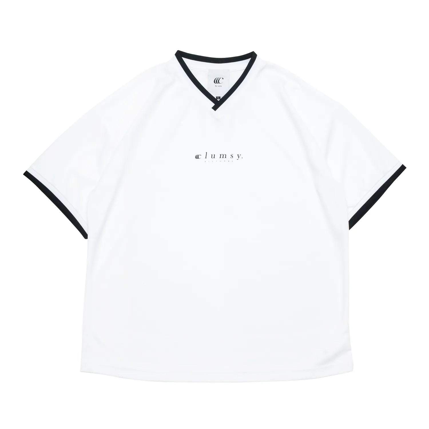 clumsy. PICTURES(クラムジー)のナイロン製のゲームシャツ「BAR LOGO GAME SHIRTS」のWHITEカラーの正面からの商品写真