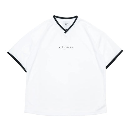 clumsy. PICTURES(クラムジー)のナイロン製のゲームシャツ「BAR LOGO GAME SHIRTS」のWHITEカラーの正面からの商品写真