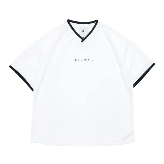 clumsy. PICTURES(クラムジー)のナイロン製のゲームシャツ「BAR LOGO GAME SHIRTS」のWHITEカラーの正面からの商品写真