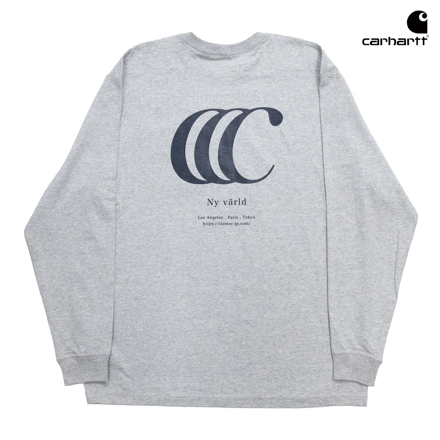 clumsyとcarharttの限定コラボモデルのロングスリーブTシャツ「LIMITED CCC L/S TEE」のHT GREYカラーの背面からの商品写真