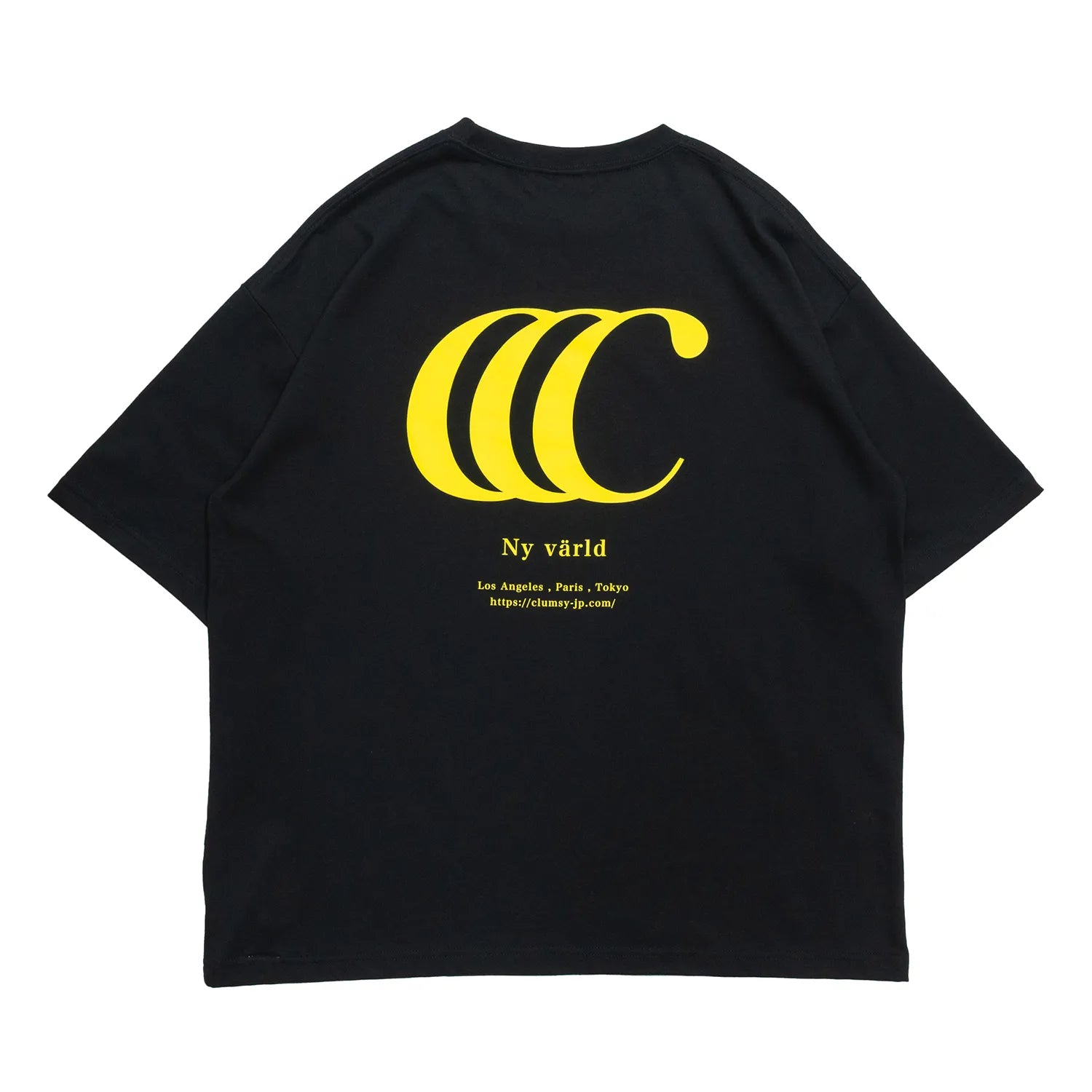 clumsy PicturesのCCCロゴがデザインされた定番モデルのTシャツ「LIMITED CCC WIDE TEE」のBLACK/TRUE YELLOWカラーの背面からの商品写真