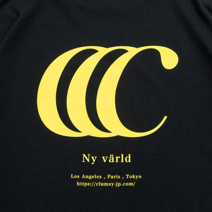 clumsy PicturesのCCCロゴがデザインされた定番モデルのTシャツ「LIMITED CCC WIDE TEE」のBLACK/TRUE YELLOWカラーの背面のデザイン写真