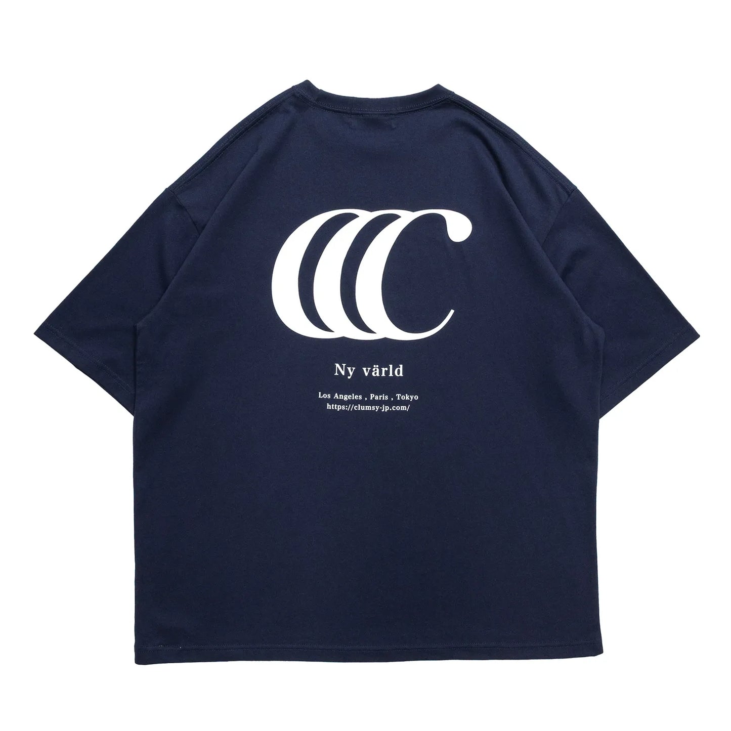 clumsy PicturesのCCCロゴがデザインされた定番モデルのTシャツ「LIMITED CCC WIDE TEE」のNAVY/WHITEカラーの背面からの商品写真