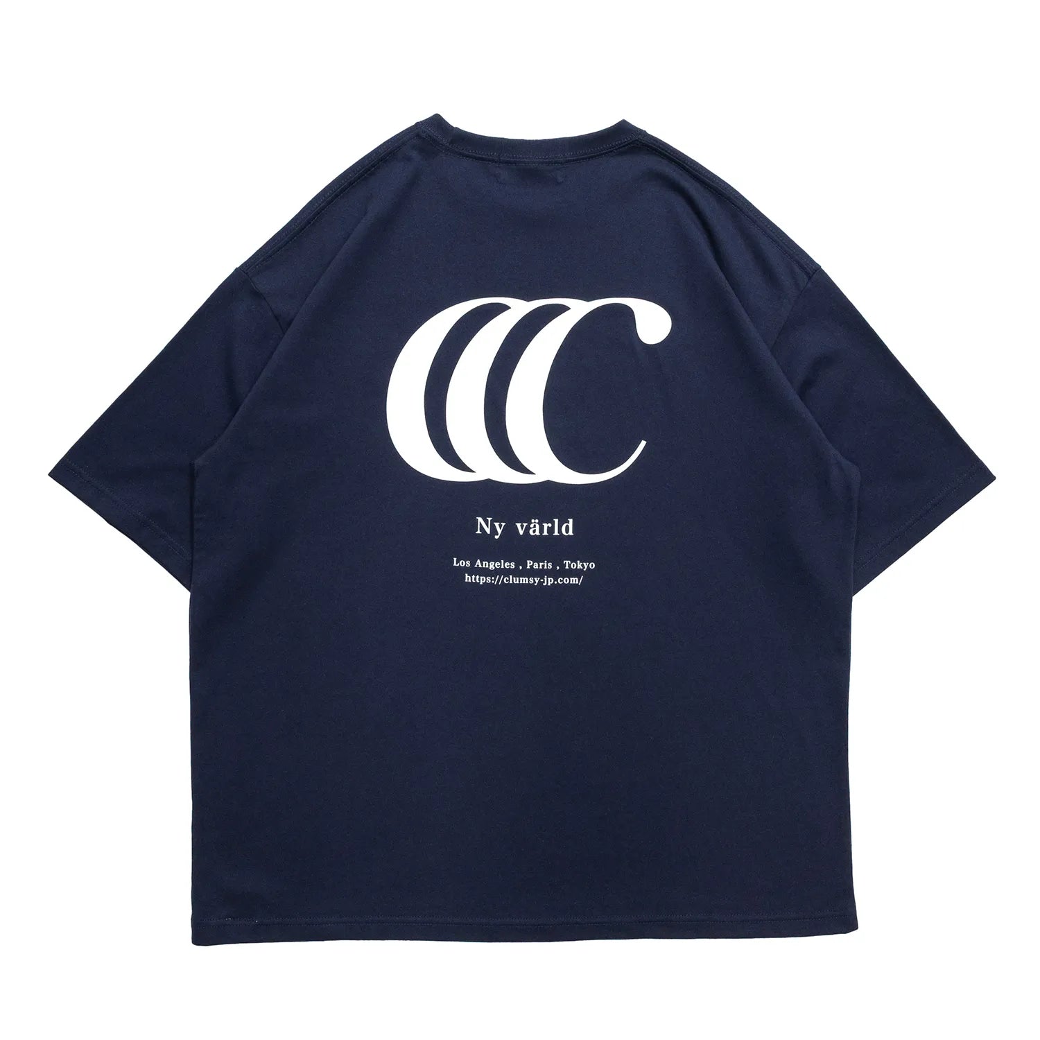 clumsy PicturesのCCCロゴがデザインされた定番モデルのTシャツ「LIMITED CCC WIDE TEE」のNAVY/WHITEカラーの背面からの商品写真