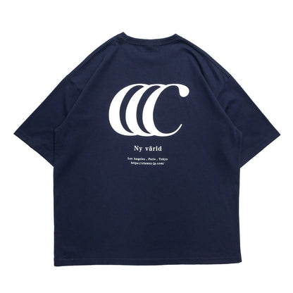 clumsy PicturesのCCCロゴがデザインされた定番モデルのTシャツ「LIMITED CCC WIDE TEE」のNAVY/WHITEカラーの背面からの商品写真